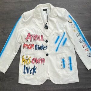 Aikha Handmade Graffiti Hand Painted Denim Jeans Jacket in White Size M/L